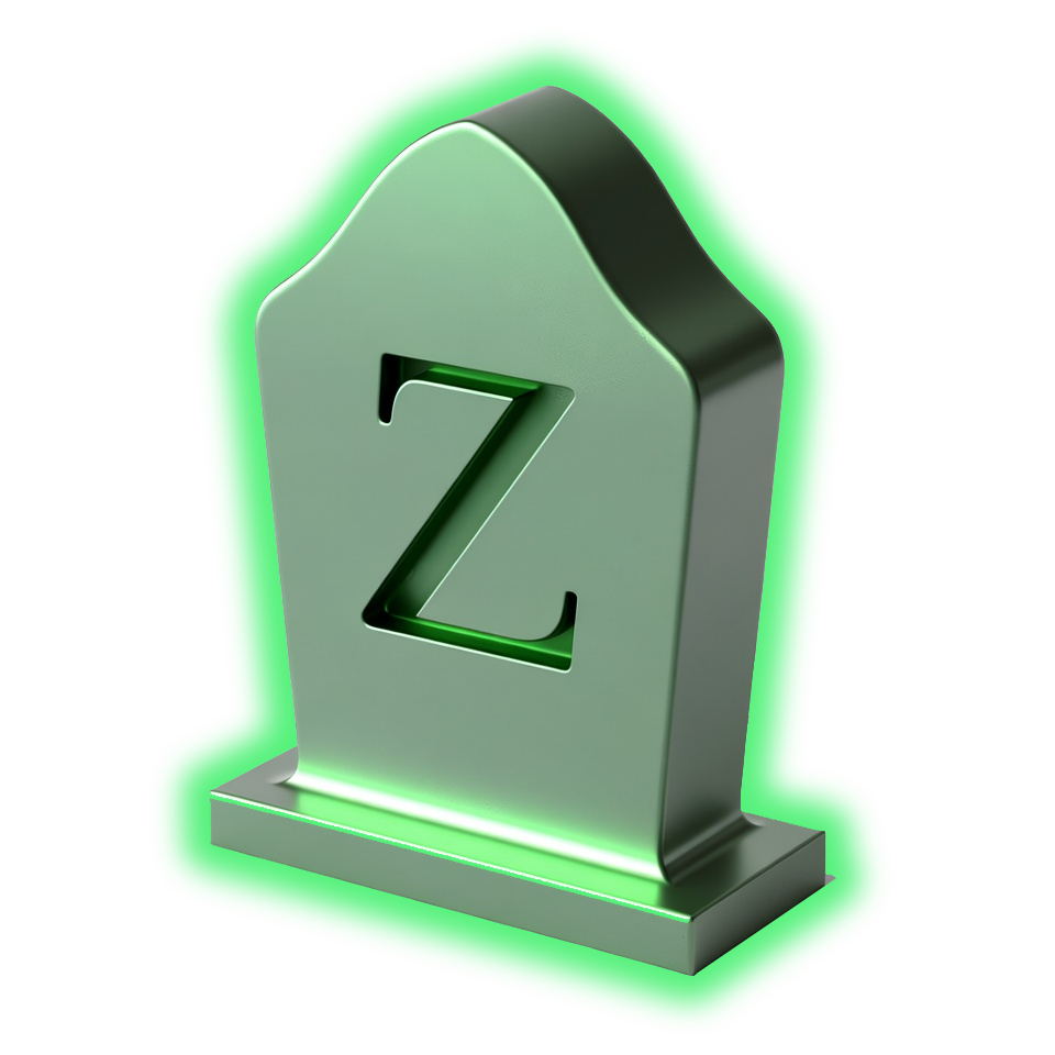 Leuchtender Grabstein mit Z — ZombiDomains Markenvisual